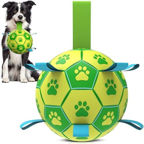 QDAN Dog Toys Soccer Ball - Durable Dog Balls with Strap for Medium Small Dogs, Puppy Birthday Gifts, Dog Tug Toy for Tug of War (8 Inch)