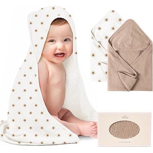 Konssy 2-Pack 100% Muslin Cotton Hooded Baby Bath Towels for Boys and Girls