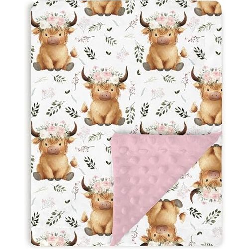Highland Cow Floral Baby Blankets for Girls 30" x 40", Pink Flower Soft Double Layer Minky Blanket with Dotted Fleece Back, Nursery Bed Receiving Quilt for Newborn Infant Toddler Shower Gift