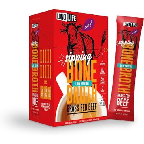 LonoLife Low Sodium Beef Bone Broth Powder Mix | Grass-Fed, 10g Protein | Collagen-Rich, Keto & Paleo Friendly | Natural Ingredients | 10 Portable Stick Pack Servings