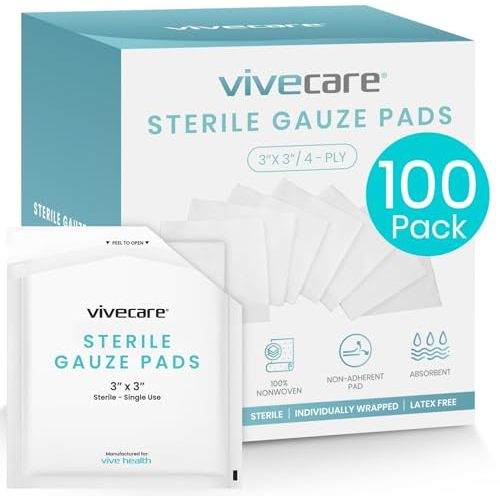 Vive Care 3x3 Sterile Gauze Pads (100 Piece) - Individually Wrapped 2-Pack | Wound Dressing for Cleaning & Cushioning - Non-Adhesive Highly Absorbent Bandages