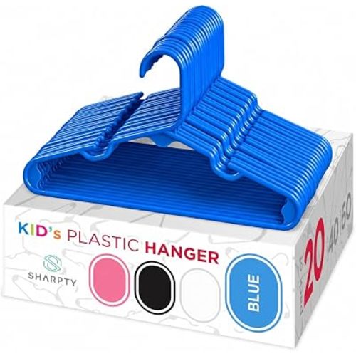 Sharpty Kids Plastic Hangers, Children's Hangers for Baby, Toddler, and Child Clothes - Everyday Standard Use - Ideal for Boys and Girls Closet, Clothing, Pants, Coats, and More - Blue, 20 Pack