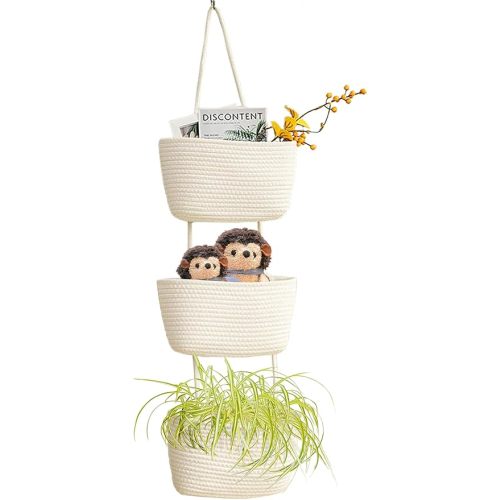 AARAINBOW Wall Hanging Cotton Baskets, Large 3 Tier Decorative Basket for Wall, Nursery, Bathroom, Boho Organizing (B-White)