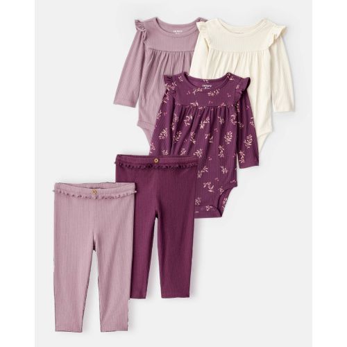 Baby Girl 5-Piece Long-Sleeve Bodysuits & Ruffle Pants Set - Purple/Cream - Carter's | Carter's