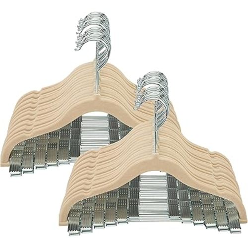 Simplify 60 Pack Children's Velvet Hangers | Durable | Lightweight | Non-Slip | Nursery | Shirt | Pants | Tank Top | Ivory | Clips | Closet Organization