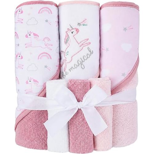 Viviland Baby Towels and Baby Wash Cloths Set Hooded Baby Towels Baby Wipes Absorbent Bath Face Towels Burp Cloths or Face Towels for Girl Boy 6-Pack Size 28 x 28 Inch(Unicorn Rainbow)