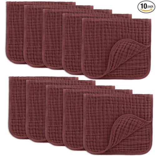 Muslin Burp Cloths 20" x 10", Pack of 10 - Large, 6-Layer, Ultra Absorbent 100% Cotton for Baby Drool and Messes - Soft, Safe & Gentle Baby Burp Cloths Set for Boys & Girls - Wine