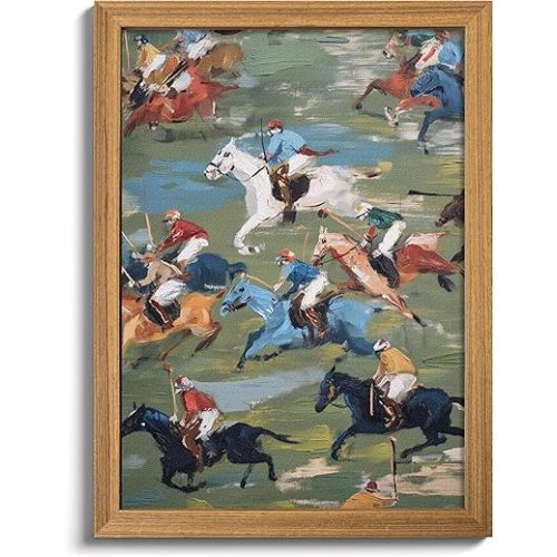Framed Vintage Polo Match Wall Art, 3D Textured Equestrian Country Club Art, Hand Drawn Sandstone Wall Decor, Modern Painting Pictures for Living Room Bedroom Home Decor 12x16 inch