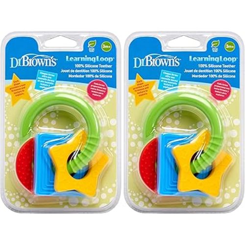 Dr. Brown's Learning Loop, Baby Teether Ring with Multiple Shapes & Textures, Soft 100% Silicone, BPA Free, 3m+ (Pack of 2)