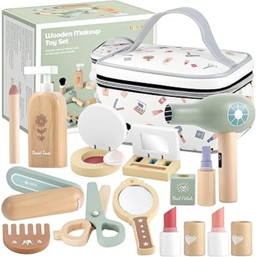 GAGAKU Wooden Makeup Toy Set for Toddlers 3-5 – 18-Piece Pretend Play Makeup Kit for Little Girls with Storage Bag, Realistic Lipstick & Mirror – Safe, Non-Toxic Dress-Up Gift for Age 3-6
