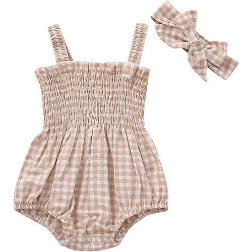 Newborn Baby Girl Summer Clothes Infant Sleeveless Plaid Smocked Romper Cute One Piece Bodysuit Headband