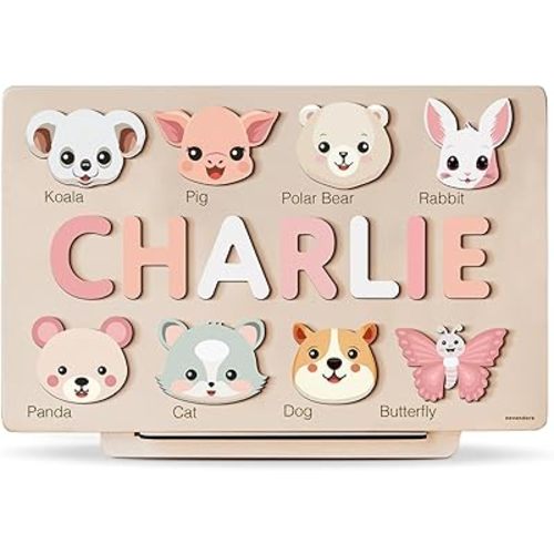 Custom Baby Name Puzzle with Animals, Baby Girl and Boy Gift, Personalized Puzzles for Toddlers, 3 6 9 12 15 18 24 36 Months Toy, Custom Babys Gift, Boy and Girl Personalized Wood Toy