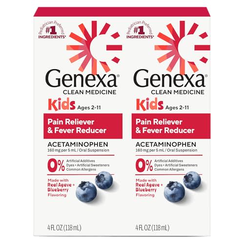 Genexa Children's Clean Acetaminophen | Pediatrician Preferred Ingredients | Pain & Fever Reducer for Kids | Dye Free, 0% Artificial Additives | Ages 2-11, Delicious Organic Blueberry Liquid, 4 fl oz
