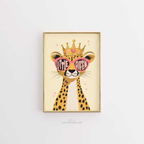 Little Queen Nursery Wall Art for Girls, Leopard Illustration with Crown and Pink Glasses, Cute Animal Print, Baby Girl Room Decor