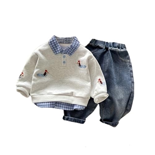 Baby Boys Outfit Set Sweatshirt Plaid Collar hoodies Jeans Pants 2-Piece Casual Clothes Sets