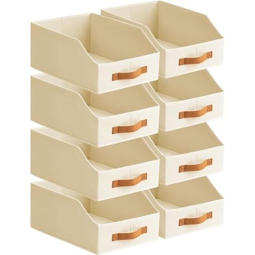 Homsorout Fabric Storage Bins for Organizing - 8 Pack Large Trapezoid Collapsible Storage Bins with Front Handle, Closet Organizers and Storage for Bedroom, Home Shelves, Small Spaces, Beige