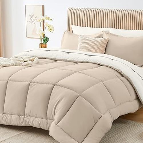 Sasttie Twin Comforter Set, 5 Pieces Reversible Bed in a Bag Twin, Complete Bedding Set Includes Comforter, Flat Sheet, Fitted Sheet, Pillowcase and Pillow Sham, Beige & Ivory