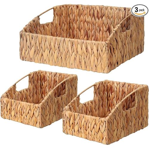 Ollieroo Rattan Storage Baskets, Handwoven Wicker Storage Bins with Built-in Handles, Storage Container Baskets for Shelves, Bedroom, Bathroom, Laundry Room or Kitchen(Natural)