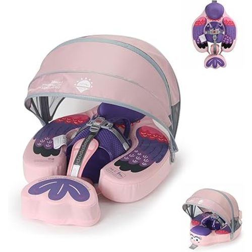 Baby Pool Float with UPF50+ 3D Adjustable Canopy, Add Tail Mambobaby Float Non Inflatable Infant Floats for Pool, Cartoon Narwhal Baby Floats (BPurple with Canopy-W05BPCTLUROHML01W05)