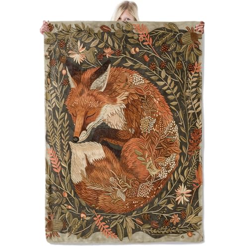 Autumn Fox Blanket 50×60 Inch,Cozy Woodland Lightweight Flannel Throw with Sleeping Red Fox and Forest Floral Pattern, Fall Nature Decor,Gifts for Women, Animal Lovers,Rustic Homes