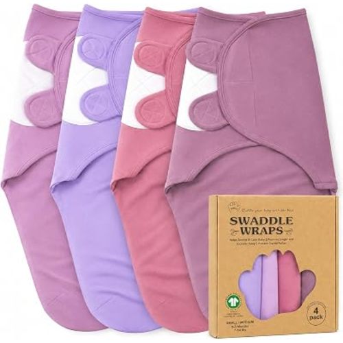 Newborn Swaddle Blanket 4-Pack, S/M 0-3 Months, GOTS Certified Organic Cotton, Adjustable Hook-and-Loop Wrap, Soft Breathable Sleep Sack, Reduces Startle Reflex for Boys & Girls
