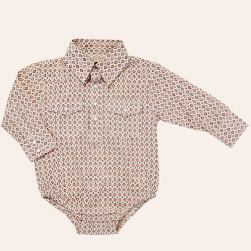 Rafter C Infant Boys' Cream Geo Print Long Sleeve Pearl Snap Onesie | Cavender's