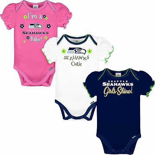 Gerber NFL Seattle Seahawks 3 Pack Ruffle Sleeve Team Bodysuit, blue/white/pink Seattle Seahawks, 0-3 Months