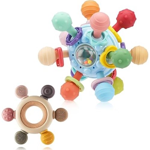 2 Pack Baby Teething Toys for 0-6 6-12 Months, Silicone Soothing Baby Teether Toys & Montessori Sensory Toys for Boy Girl, Safe and Durable Teething Toys for Newborn Infant