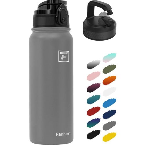 Fanhaw 20 Oz Insulated Stainless Steel Vacuum Water Bottle with 2 Lids (Pop-Open & Carabiner Lid) - For Kids, Women, Men | Leak & Sweat Proof (Gray)