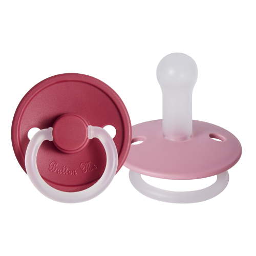 ButtonMe Toddler Baby Pacifier - Soft Silicone, Vented, 2 Pack (6-18 Months, Red/Mauve Pink)
