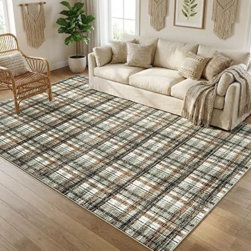 Living Area Rug 6 x 9 Washable Modern Farmhouse Non Slip Throw Rugs Large Bedroom Rug Low Pile Soft Stain Resistant Carpet for Dining Room Nursery Office 6'x9' Celadon&Coffee
