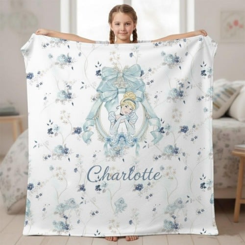 Personalized Cinderella Blanket, Blue Floral Princess Design, Custom Name Girls Blanket, Elegant Fairytale Cinderella Gift for Kids