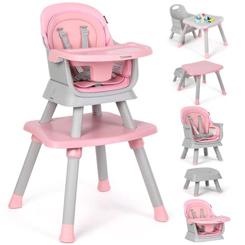 Cowiewie 8 in 1 Baby High Chair for Babies & Toddlers Table and Chair Set Building Block Table Highchair with Safety Harness,Removable Tray(Pink)