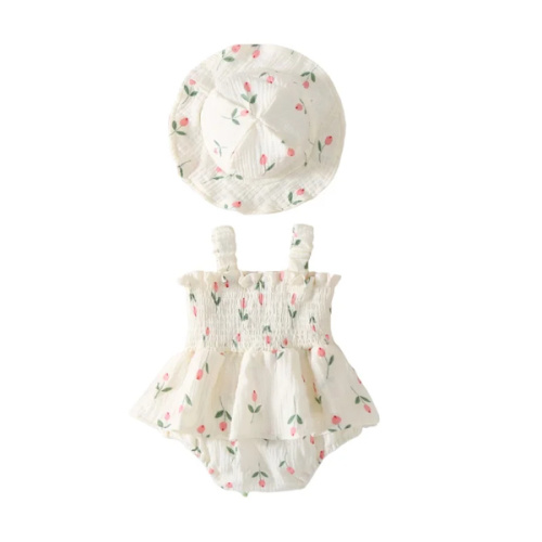TULIP Smocked Romper with Sun Hat - Hazel & Bo