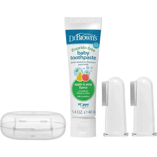 Dr. Brown's 100% Silicone Baby Finger Toothbrush and Toothpaste Set, 2-Pack Toothbrush with Storage Case, Fluoride-Free Apple Pear Toddler Toothpaste