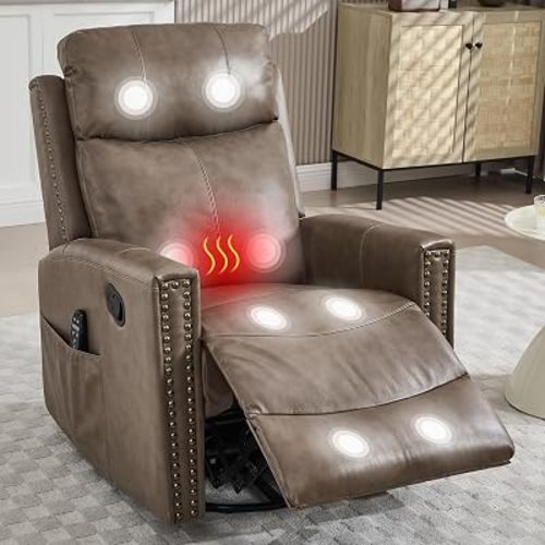 Genuine Leather Swivel Rocker Recliner Chair for Adults, Manual Glider Rocking Chair for Nursery with Vibration Massage & Lumbar Heat, Rivet Design Single Sofa for Living Room, Gray Brown