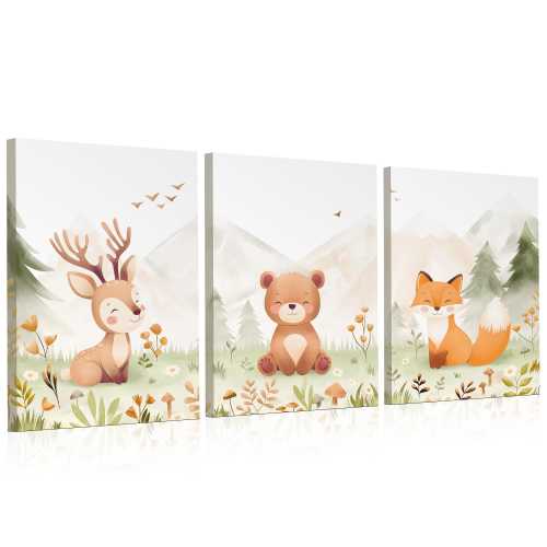 Woodland Nursery Wall Art Set of 3 – Neutral 16x24” Deer, Bear & Fox