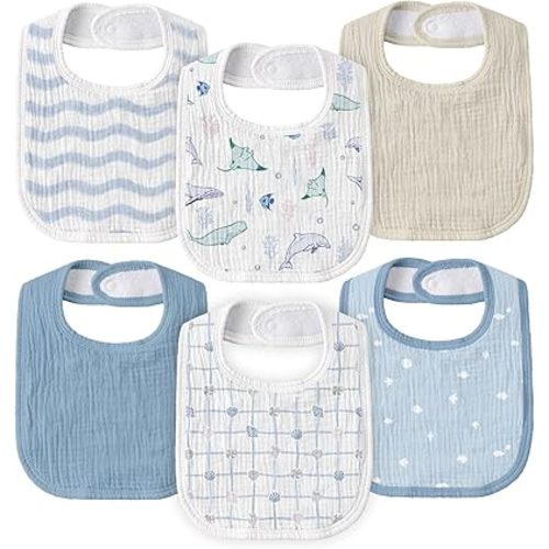 GLLQUEN BABY Muslin Drool Bibs for Boys Girls 6 Pack, Adjustable Baby Bibs for Drooling and Teething, Soft Cotton Baby Bandana Bib for Newborn Feeding Essentials (Ocean Whimsy)