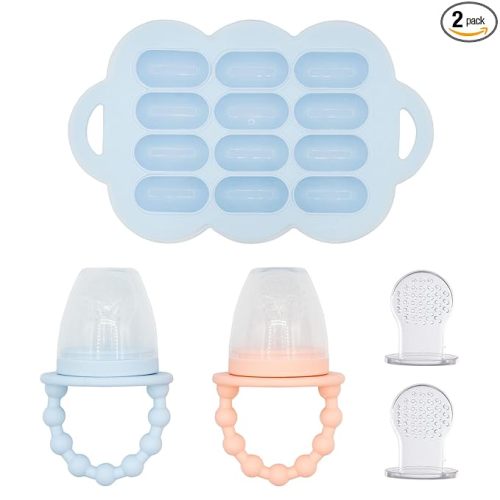 Silicone Baby Food Feeders + Freezer Tray for Batch Prep, Set of 2, Introduce New Foods Safely, Double as Teething Toys, Includes 2 Extra Pouches & Travel Lids, Dishwasher Safe