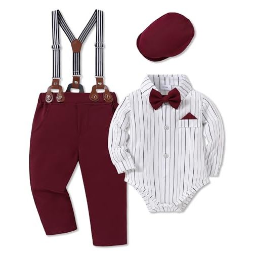 WESIDOM Baby Boy Clothes 0-18M Newborn Infant Gentleman Outfit, Shirt+Bowtie+Beret+Suspender Pant Baby boy Suit Clothing Set