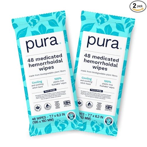 Pura XL Flushable Medicated Wipes for Hemorrhoid Relief, Extra-Large, Fragrance-Free Wet Wipes with Witch Hazel, Coconut Oil & Aloe, Skin Soothing, 96 Wipes (2 Packs)
