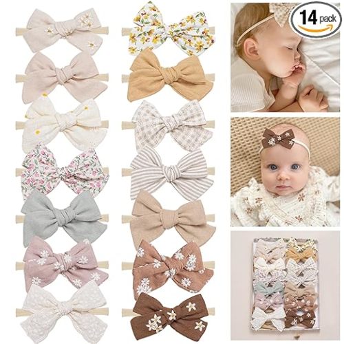 Fancy Clouds Baby Girl Bows and Headbands,14 pcs Stretchy Soft Nylon Hairbands Hair Bows for Newborns, Infants, Toddlers - Handmade Baby Hair Accessories for Girls Gifts
