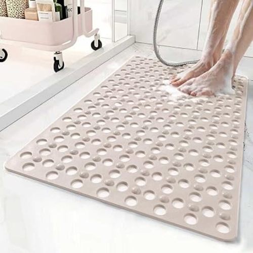 Non Slip Bathtub Mat and Shower Mat 31x17 inch,Bath Mat with Quick Dry Drain Holes and Suction Cups, Soft Comfortable Safe Bathroom Mat for Bath Tub, Floor, Tile (Khaki)