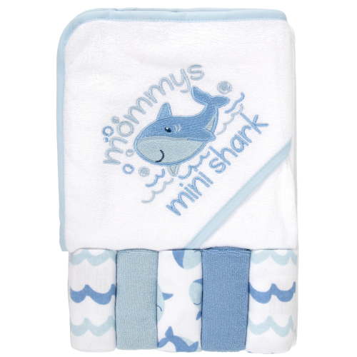 Baby Essentials 6 Piece Bath Towel Washcloth Set Infants Toddlers 6  12 Months Bath, Shower, Beach, Pool in Mini Shark Blue
