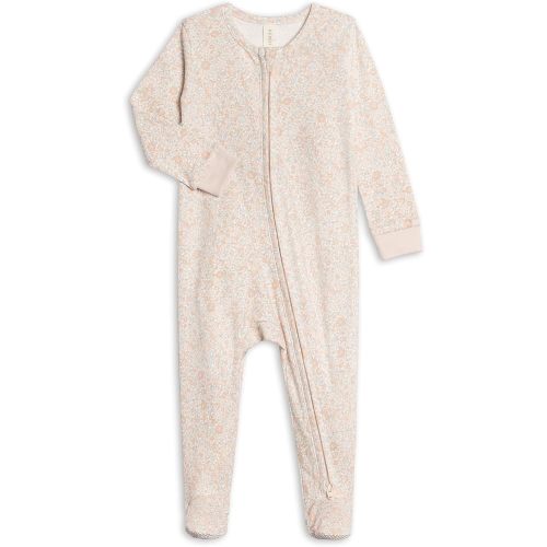 Colored Organics Baby Zip-Up Footed Sleeper with 2-Way Zipper - Newborn Organic Cotton Pajamas - Belmont Floral/Shell + Powder NB