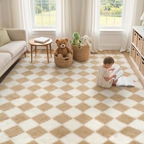 GENIMO Checkered Rug 8x10 Area Rugs for Kids Bedroom Soft Shag Rug Fluffy Fuzzy Carpet Plush Rugs for Living Room Nursery Playroom Dorm Modern Home Decor Aesthetic, Beige and White