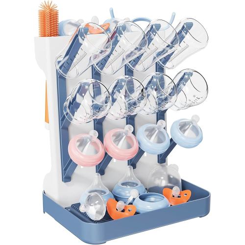 Baby Bottle Drying Rack, Vertical Bottles Dryer Holder Space Saving Standing Bottle Drying Rack for Countertop Kitchen Organize Bottles & Baby Accessories Brushes Pacifiers and Pump Part (Blue)