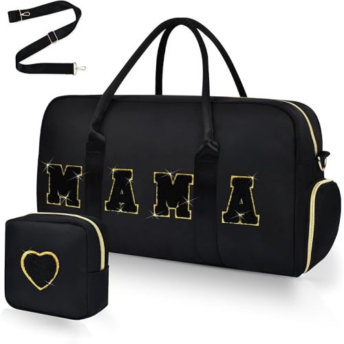 Mama Hospital Bag for Women Labor and Delivery Nylon Chenille Letter Embroidered Duffle Overnight Weekender Bag with Shoes Compartment and Mothers Day Gifts Black-Gold