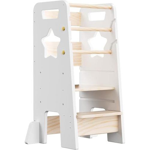 Toddler Standing Tower, Montessori Kids Step Stool with 3 Levels Adjustable Height, Wooden Kitchen Stool Helper with Removable Safety Bars, White
