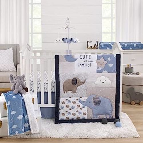 NoJo Carter's Blue Elephant - Chambray, Navy, Gray and White Elephant, Moon, Clouds and Stars 3 Piece Nursery Crib Bedding Set - Comforter, Fitted Crib Sheet and Crib Skirt